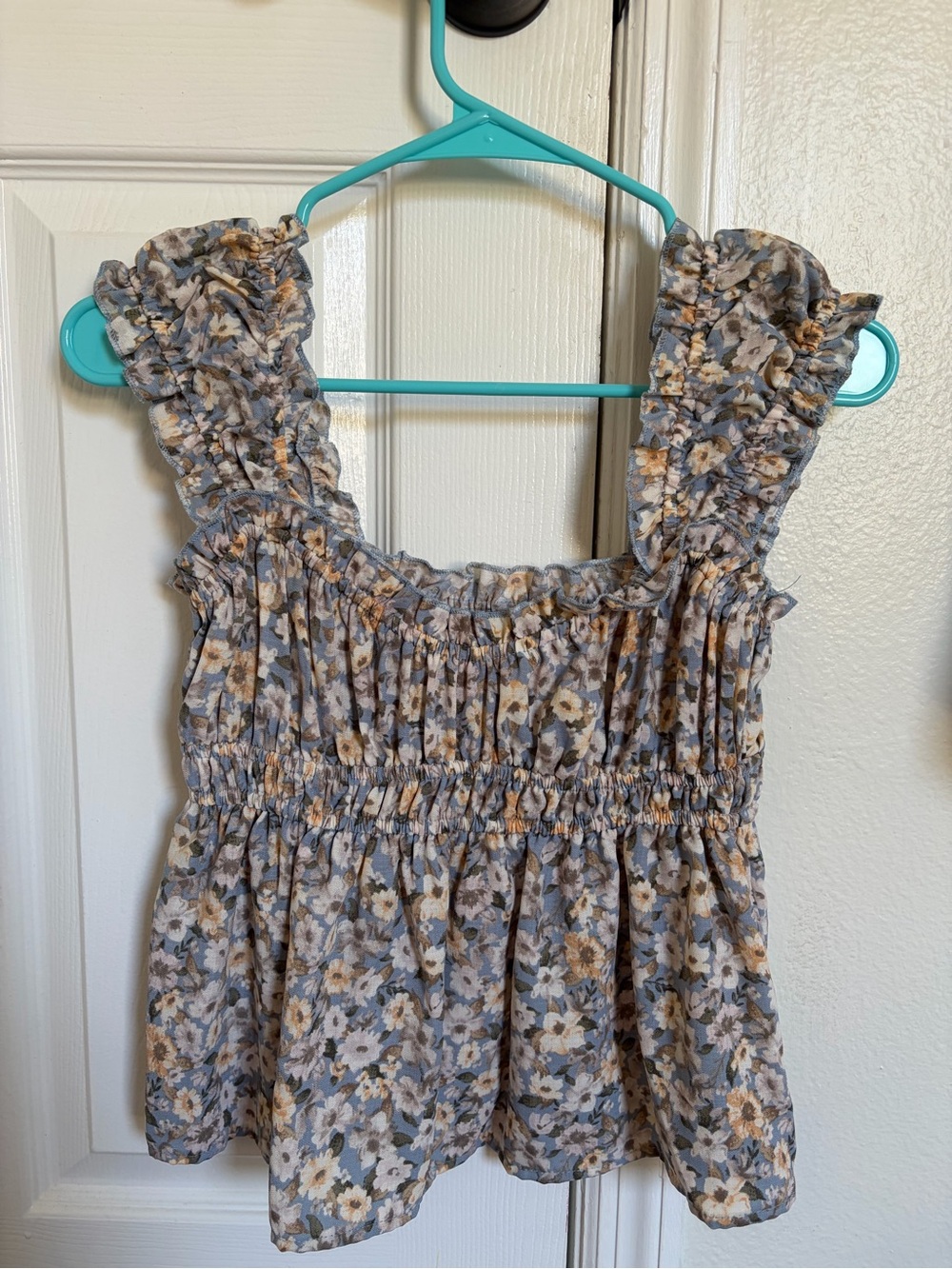 Floral Ruffle Smocked Tank Top - Blue & Mustard